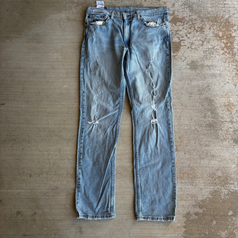 Levis 511 Slim Fit Jeans Mens 36x34 Light Wash Distressed Ripped Denim Blue
